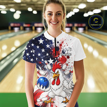 Load image into Gallery viewer, Women’s us flag chicken bowling quarter zip shirt, front view on female model in bowling lane 