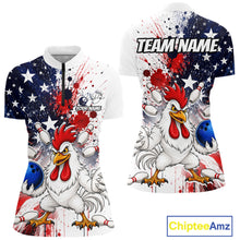 Load image into Gallery viewer, Custom us flag chicken bowling jersey for women, personalized team bowling quarter zip shirt front view and back view