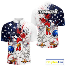 Load image into Gallery viewer, Custom us flag chicken bowling jersey for men, personalized team bowling quarter zip shirt front view and back view 