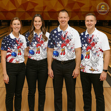 Load image into Gallery viewer, Group of bowlers in us flag chicken team shirts, personalized bowling uniforms front view.