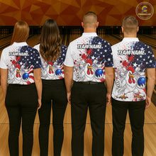 Load image into Gallery viewer, Group of bowlers in us flag chicken team shirts, personalized bowling uniforms back view.