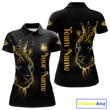 Load image into Gallery viewer, Black polo shirt with gold panther design and customizable text on a white background