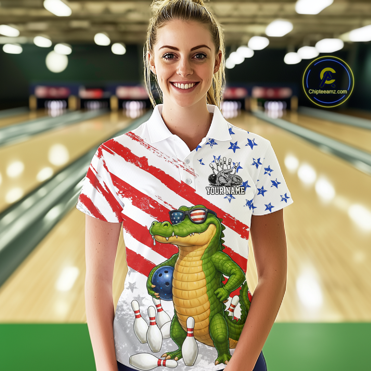 Custom US Flag Funny Alligator Bowling shirts for Women, Crocodile Bowling Team Jerseys HNT206