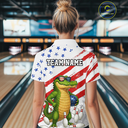 Custom US Flag Funny Alligator Bowling shirts for Women, Crocodile Bowling Team Jerseys HNT206