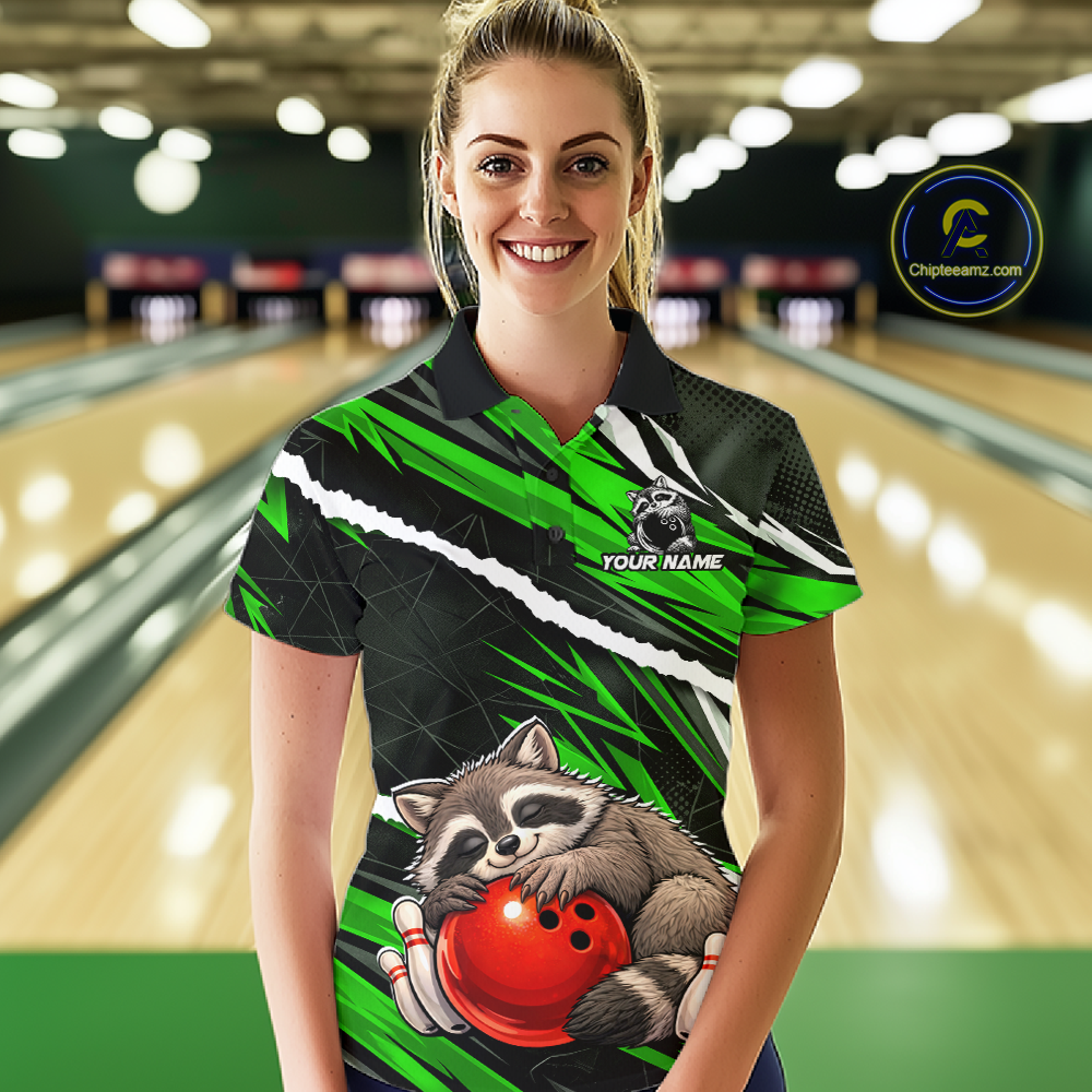 Custom Green Raccoon Funny Bowling Jersey for Women Bowling Team Shirts Polo & 1/4 Zip HNT247