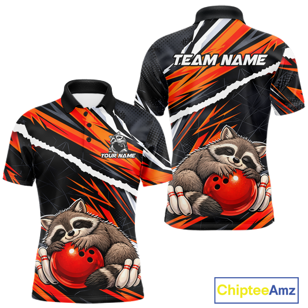 Custom Orange Raccoon Funny Bowling Jersey for Men Bowling Team Shirts Polo & 1/4 Zip HNT247