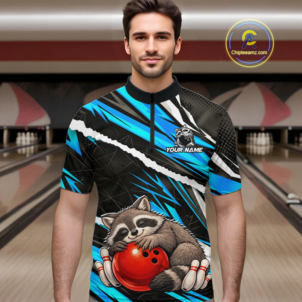 Custom Turquoise Raccoon Bowling Jersey for Men Bowling Team Shirts Polo & 1/4 Zip HNT247