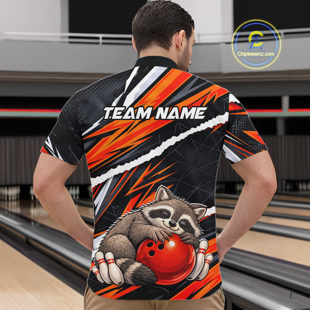 Custom Orange Raccoon Funny Bowling Jersey for Men Bowling Team Shirts Polo & 1/4 Zip HNT247