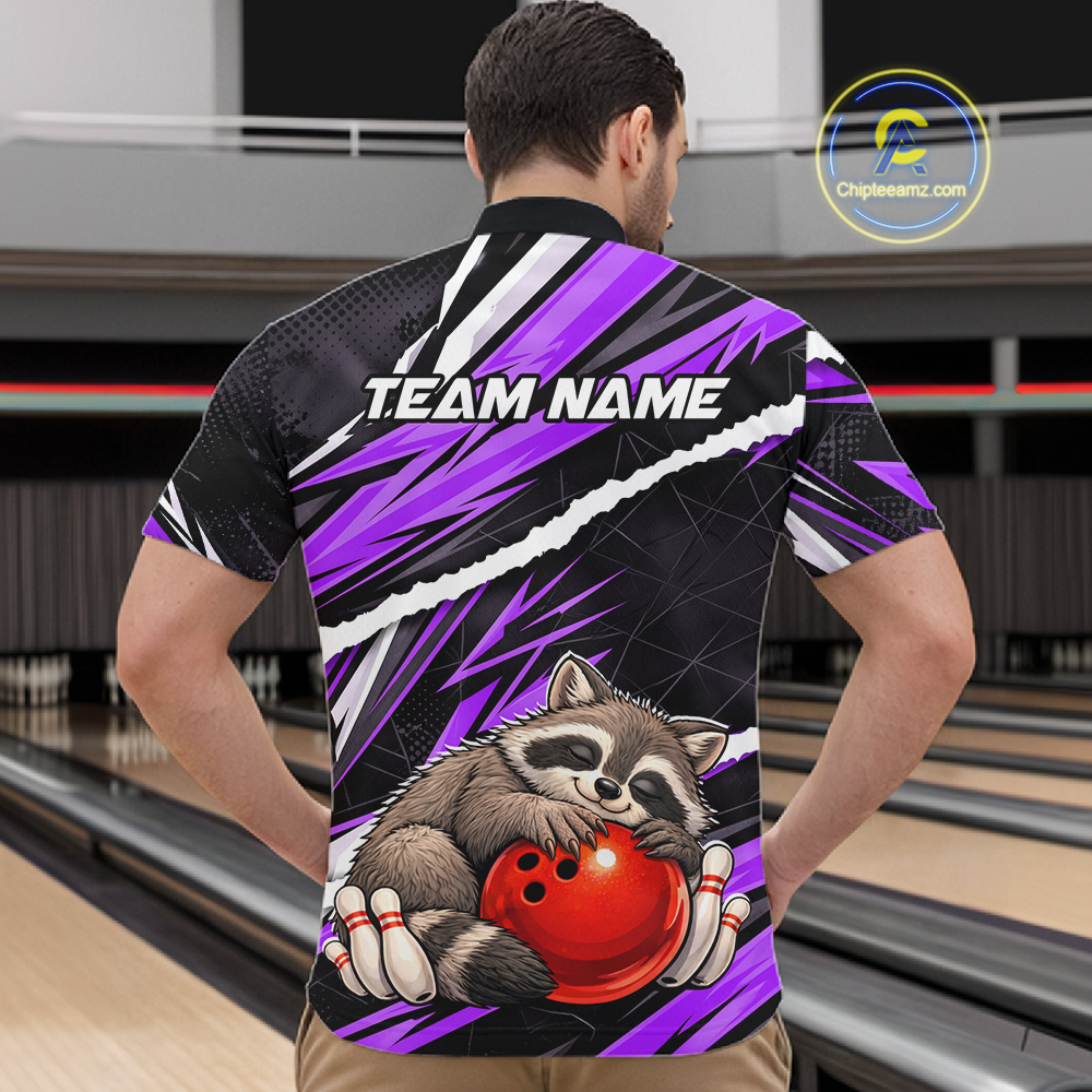 Custom Purple Raccoon Funny Bowling Jersey for Men Bowling Team Shirts Polo & 1/4 Zip HNT247