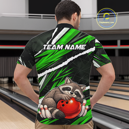Custom Green Raccoon Funny Bowling Jersey for Men Bowling Team Shirts Polo & 1/4 Zip HNT247