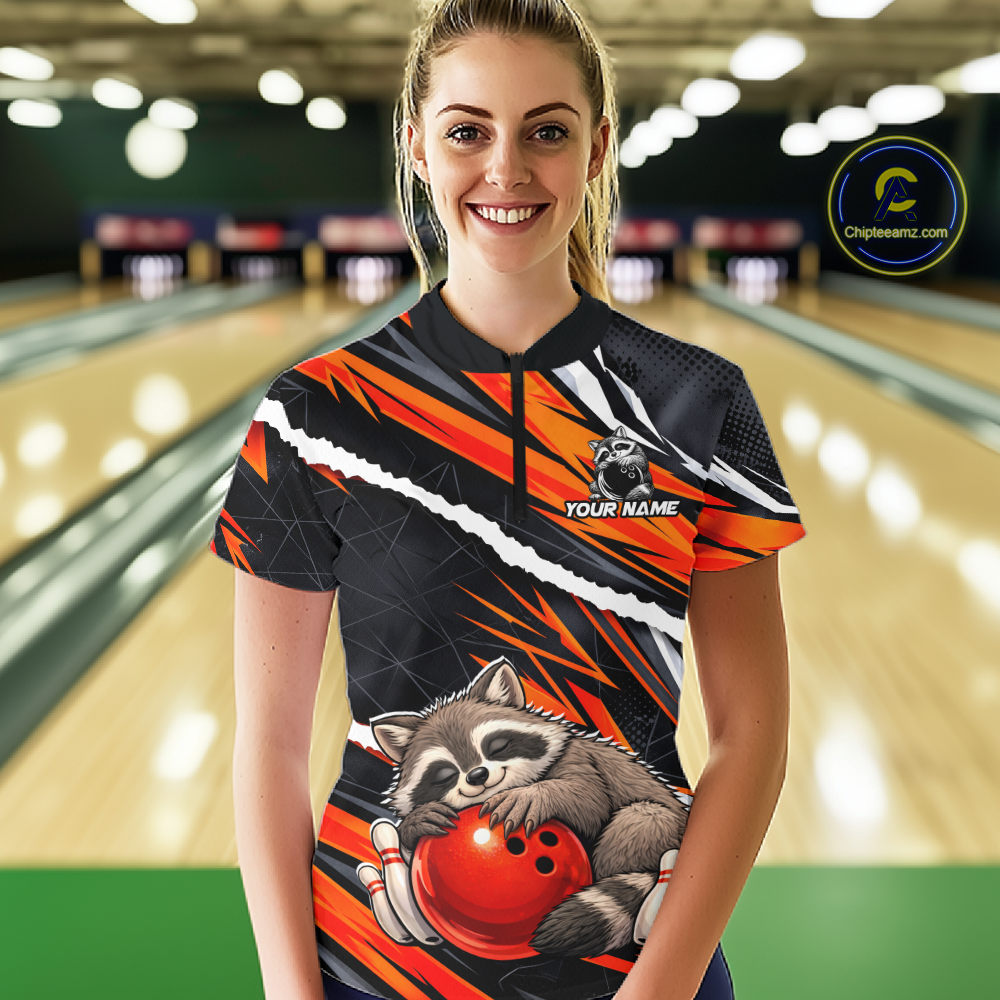 Custom Orange Raccoon Funny Bowling Jersey for Women Bowling Team Shirts Polo & 1/4 Zip HNT247