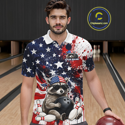 Men’s us flag raccoon bowling polo shirt, front view on male model in bowling lane 