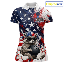 Load image into Gallery viewer, Custom us flag raccoon bowling jersey for women, personalized team bowling polo shirt front view