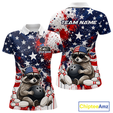 Load image into Gallery viewer, Custom us flag raccoon bowling jersey for women, personalized team bowling polo shirt front view and back view