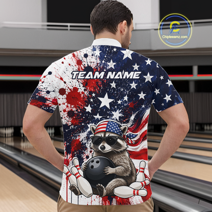 Men’s us flag raccoon bowling quarter zip shirt, back view on male model in bowling lane 