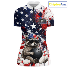 Load image into Gallery viewer, Custom us flag raccoon bowling jersey for women, personalized team bowling quarter zip shirt front view
