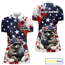 Load image into Gallery viewer, Custom us flag raccoon bowling jersey for women, personalized team bowling quarter zip shirt front view and back view
