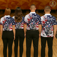 Load image into Gallery viewer, Group of bowlers in us flag raccoon team shirts, personalized bowling uniforms front view.