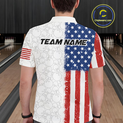 A person viewed from behind wearing a short-sleeve bowling shirt with a distressed American flag design on the back. The shirt is white with gray bowling-pin patterns on the left side, a blue field with white stars on the right, red and white stripes, and the text 'TEAM NAME' across the upper back.