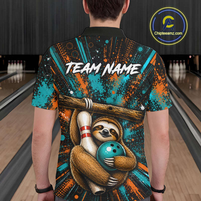 A person viewed from behind wearing a short-sleeve bowling-themed graphic shirt. The shirt features a sloth holding a teal bowling ball wrapped around a wooden pole, with white bowling pins and the text 'TEAM NAME' on the back.