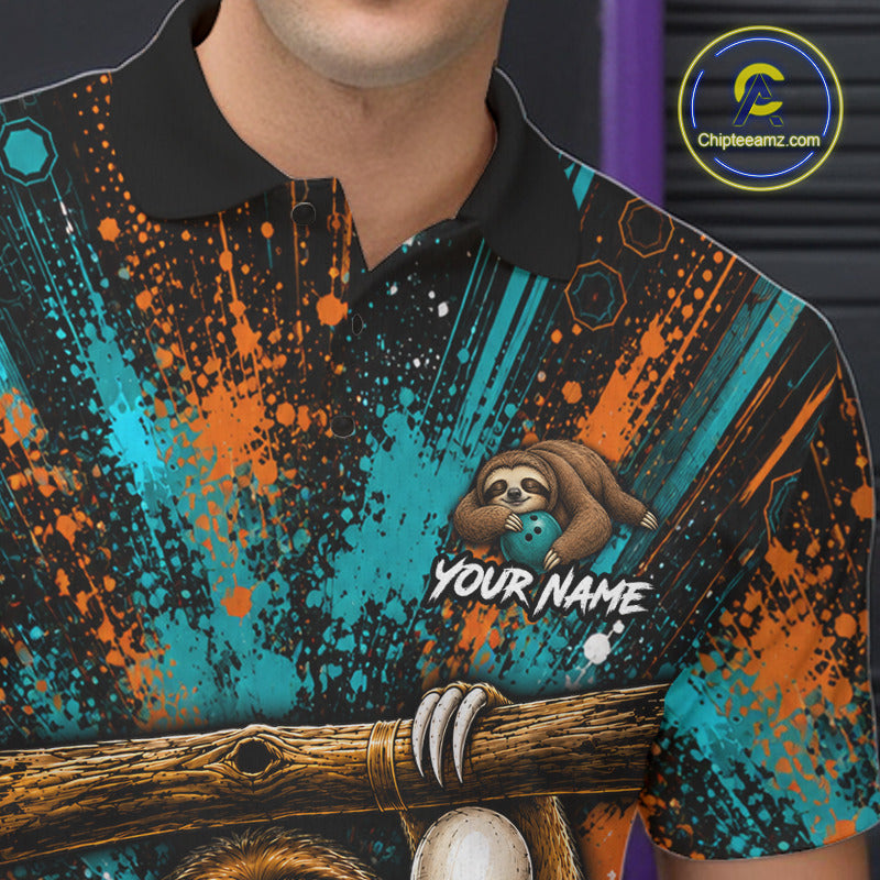 A close-up of a person wearing a short-sleeve polo shirt with a black collar and a vibrant all-over print. The design features a brown sloth graphic, the text 'YOUR NAME'