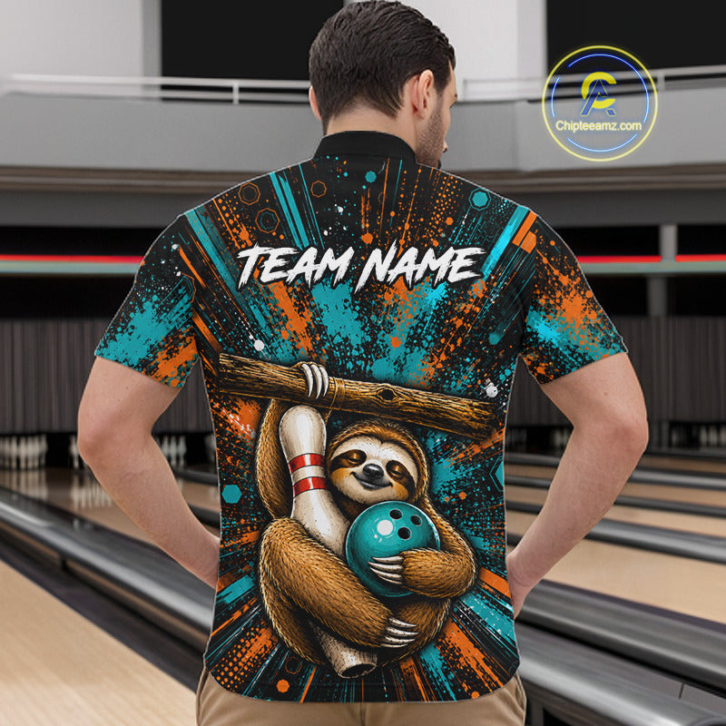 A man viewed from behind wearing a short-sleeve bowling-themed bowling shirt with a colorful sloth graphic and 'TEAM NAME' text, standing in a bowling alley.