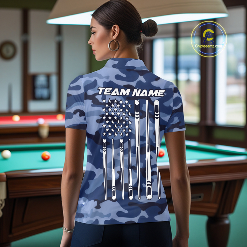 Custom Blue Camo 8 Ball Billiard Shirts for Women Billiard League Billiard Team Shirts NNT106