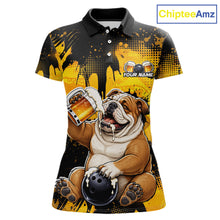 Load image into Gallery viewer, Polo shirt with bulldog design holding a beer mug and bowling ball, brand 'ChipteeAmz' visible.