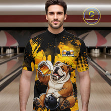 Load image into Gallery viewer, Man wearing a colorful shirt with a bulldog holding a beer and bowling ball in a bowling alley.
