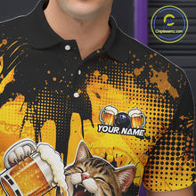 Load image into Gallery viewer, Person wearing a black and yellow polo shirt with a cat and beer design, featuring 'Chipleeamz.com' logo.