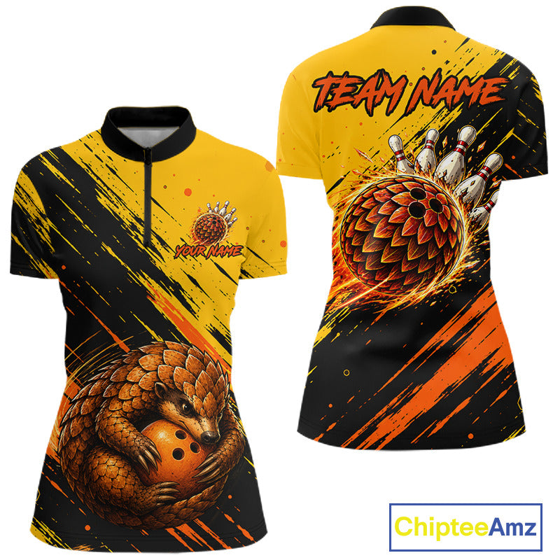 Front and back views of a short-sleeve athletic jersey with a yellow and black brushstroke design, featuring a large orange bowling ball and bowling pins graphic on the back, a small bowling pin logo on the front chest, and 'TEAM NAME' printed across the shoulders. A ChipteeAmz logo is visible in the bottom right corner.
