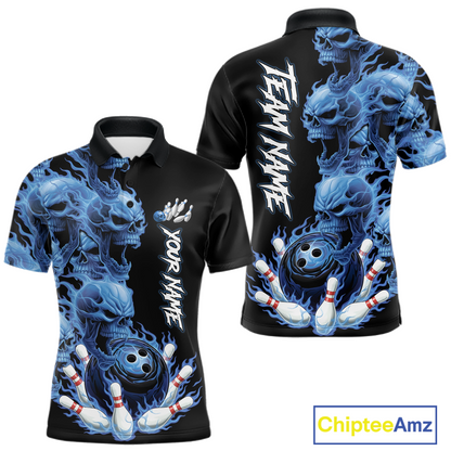 Custom Flame Skull Bowling Jerseys for Men Bowling League Polo & 1/4 Zip Bowling Team Shirts HNT203