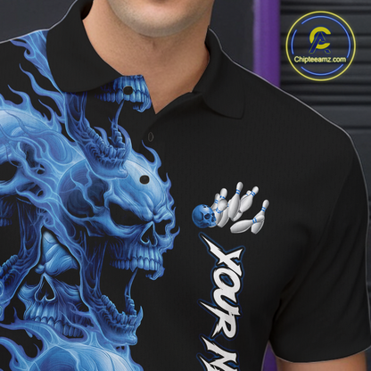 Custom Flame Skull Bowling Jerseys for Men Bowling League Polo & 1/4 Zip Bowling Team Shirts HNT203