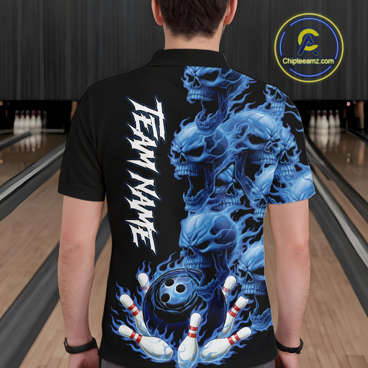 Custom Flame Skull Bowling Jerseys for Men Bowling League Polo & 1/4 Zip Bowling Team Shirts HNT203