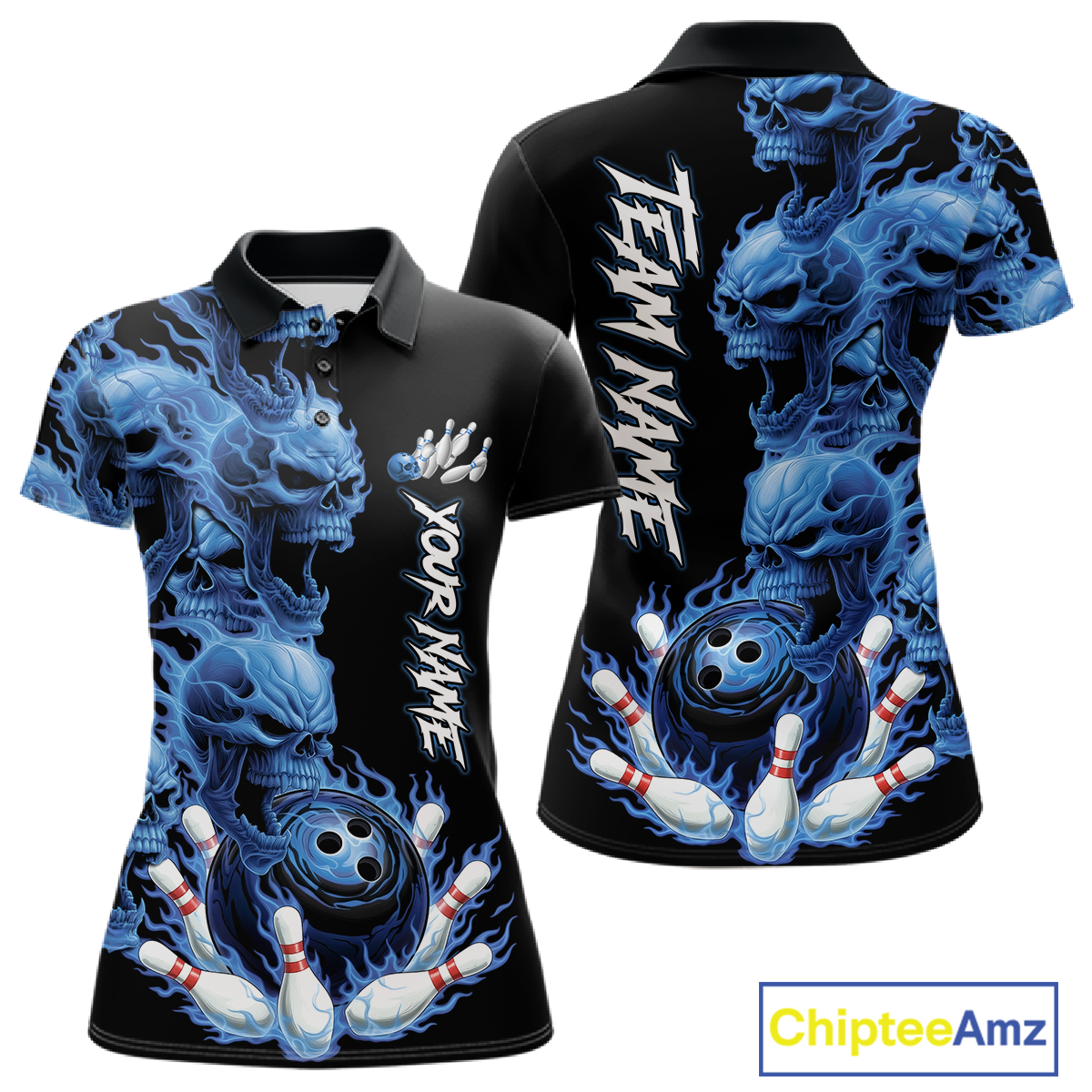 Custom Flame Skull Bowling Jerseys for Women Bowling League Polo & 1/4 Zip Bowling Team Shirts HNT203