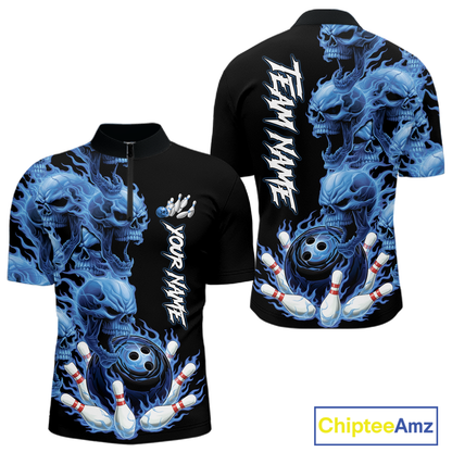 Custom Flame Skull Bowling Jerseys for Men Bowling League Polo & 1/4 Zip Bowling Team Shirts HNT203