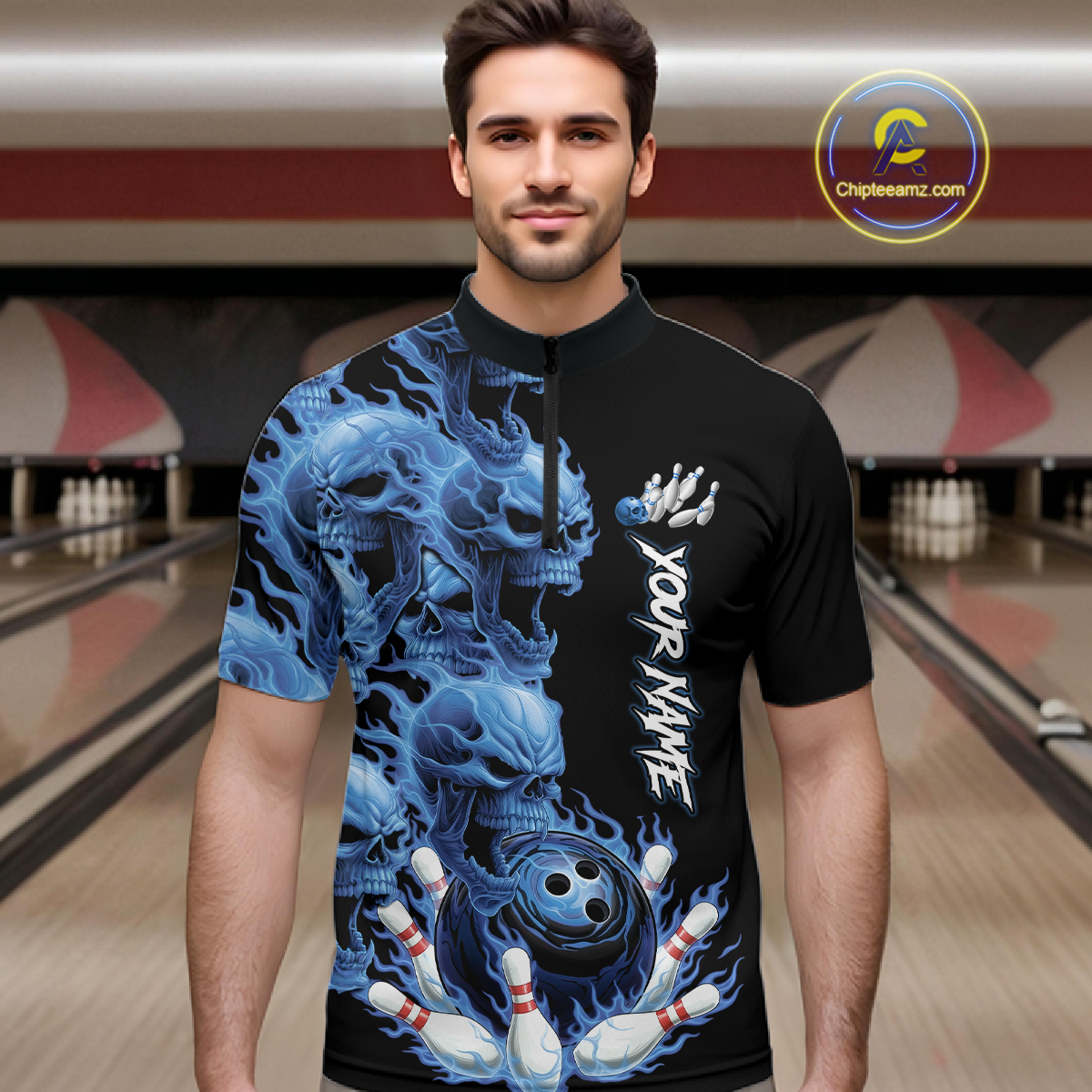 Custom Flame Skull Bowling Jerseys for Men Bowling League Polo & 1/4 Zip Bowling Team Shirts HNT203