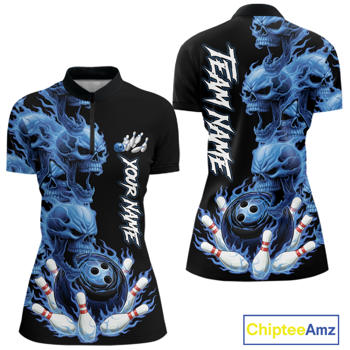Custom Flame Skull Bowling Jerseys for Women Bowling League Polo & 1/4 Zip Bowling Team Shirts HNT203