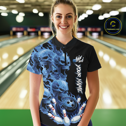 Custom Flame Skull Bowling Jerseys for Women Bowling League Polo & 1/4 Zip Bowling Team Shirts HNT203