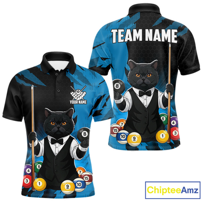 Custom Black Cat 8 Ball Pool Shirts Blue Billiard Shirt for Men Billiard Team Jersey Billiard Gift NNT181