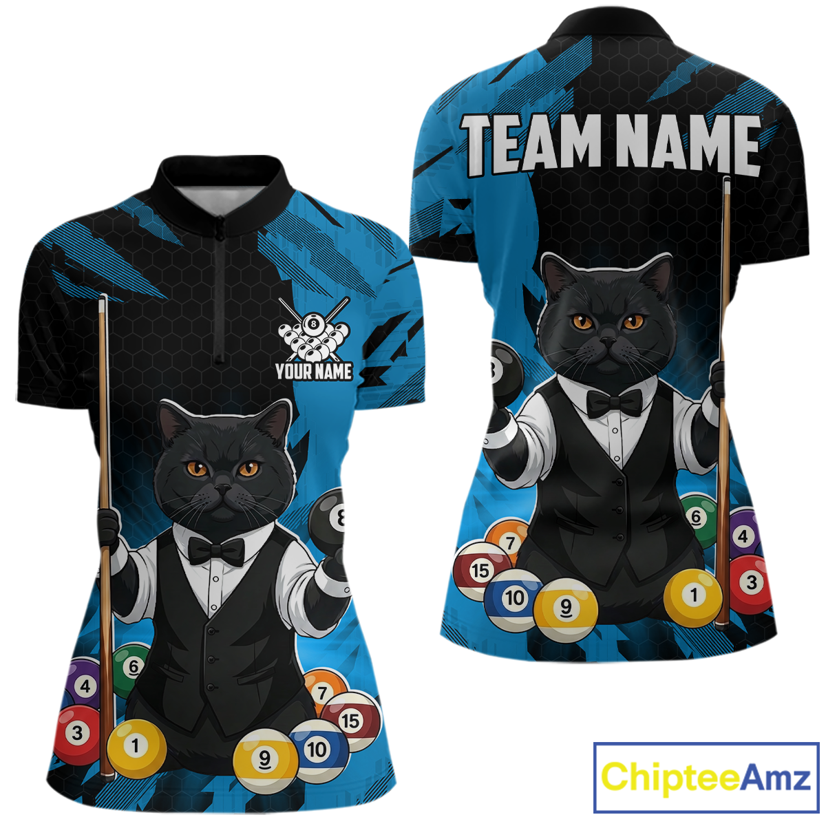 Custom Black Cat 8 Ball Pool Shirts Blue Billiard Shirt for Women Billiard Team Jersey Billiard Gift NNT181