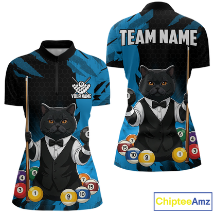 Custom Black Cat 8 Ball Pool Shirts Blue Billiard Shirt for Women Billiard Team Jersey Billiard Gift NNT181