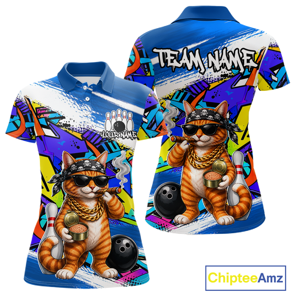 Women polo colorful a funny cat design and 'Chiptee Amz' branding.