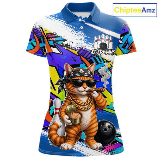 Women polo colorful polo shirt with a cat graphic and 'Chiptee Amz' branding