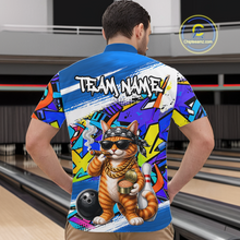 Load image into Gallery viewer, Man wearing a colorful shirt with a cat graphic and 'Team Name' text at a bowling alley.