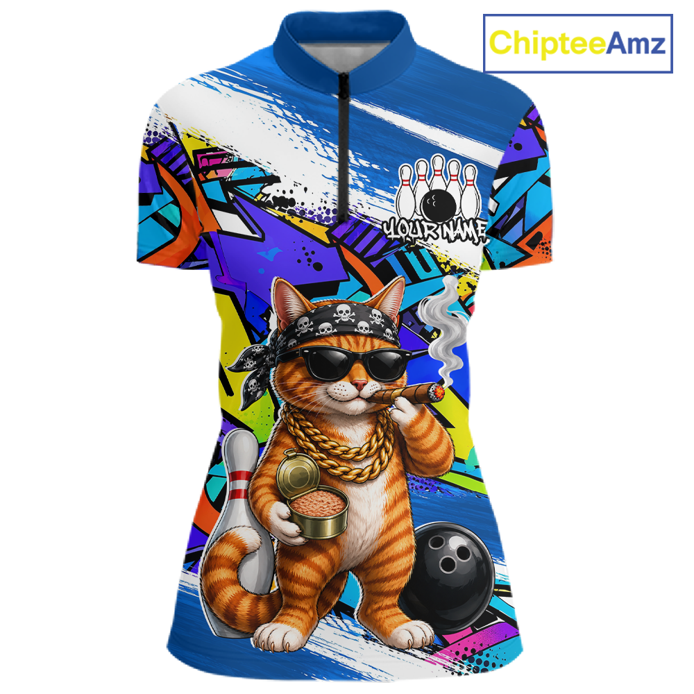 Women quarter zip Colorful shirt with a cat graphic and bowling elements, branded 'ChipteeAmz'.