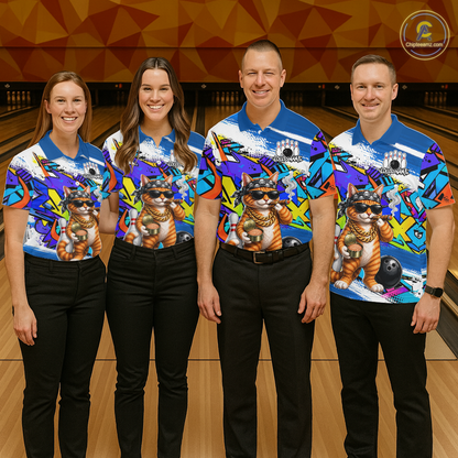 Four people wearing colorful bowling shirts with a cat design on a bowling alley.