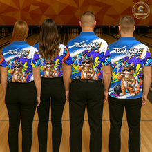 Load image into Gallery viewer, Four people wearing colorful bowling shirts with funny cat on a bowling alley.