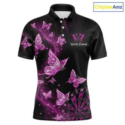 A black short-sleeve polo shirt with a vibrant purple and pink butterfly print, featuring a customizable name placeholder on the chest, shown on a plain white background with a ChipteeAmz logo in the top right corner.