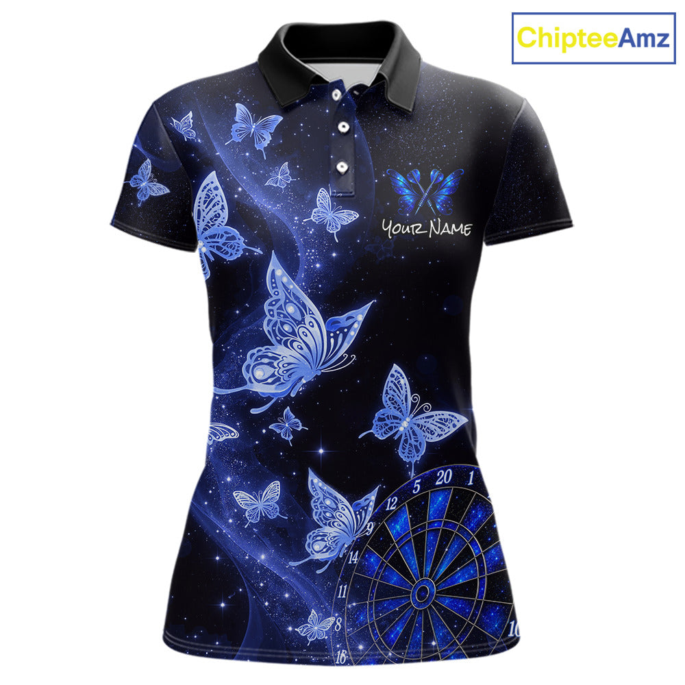 A women's short-sleeve polo shirt with a black collar and a blue butterfly and starry space print, featuring a customizable name text area on the chest and a dartboard graphic near the lower right hem. The ChipteeAmz logo is visible in the top right corner.